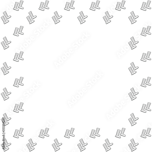 Square frame of black outline hand-drawn rubber boots with wavy and straight stripes on a white background. Isolated template. Place for text. Shoes for gardening, autumn, forest. Vector.