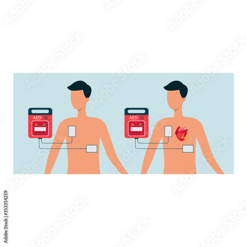 Automated external defibrillator with human and man body, aed concept for heart.
