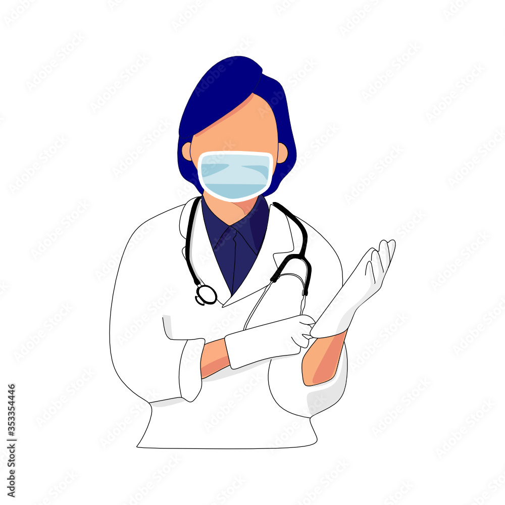 A young woman medical doctor in a protective surgical mask fixing her latex glove. Illustration vector A young woman medical doctor in a protective surgical mask fixing her latex glove. Illustration vector