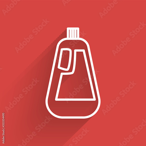 White line Plastic bottle for liquid laundry detergent, bleach, dishwashing liquid icon isolated with long shadow. Vector Illustration