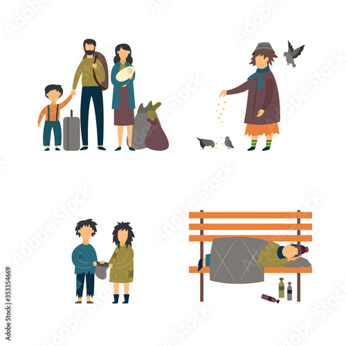 Homeless cartoon people set - refugee family, beggar children and poor adults