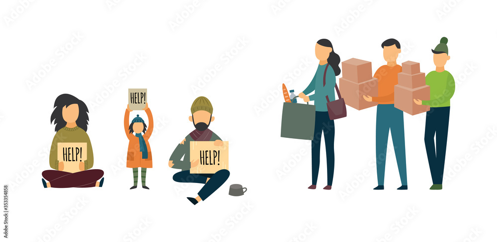 Obraz premium Volunteers donate to homeless people, men, women and children.