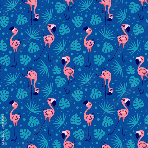 Seamless pattern with cute cartoon flamingo and palm leaves on dark blue background. Flat vector illustration.