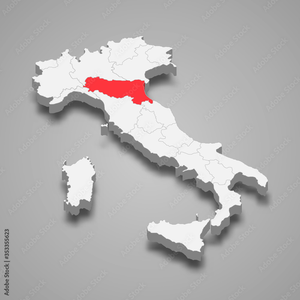 emilia-romagna region location within Italy 3d map Template for your design