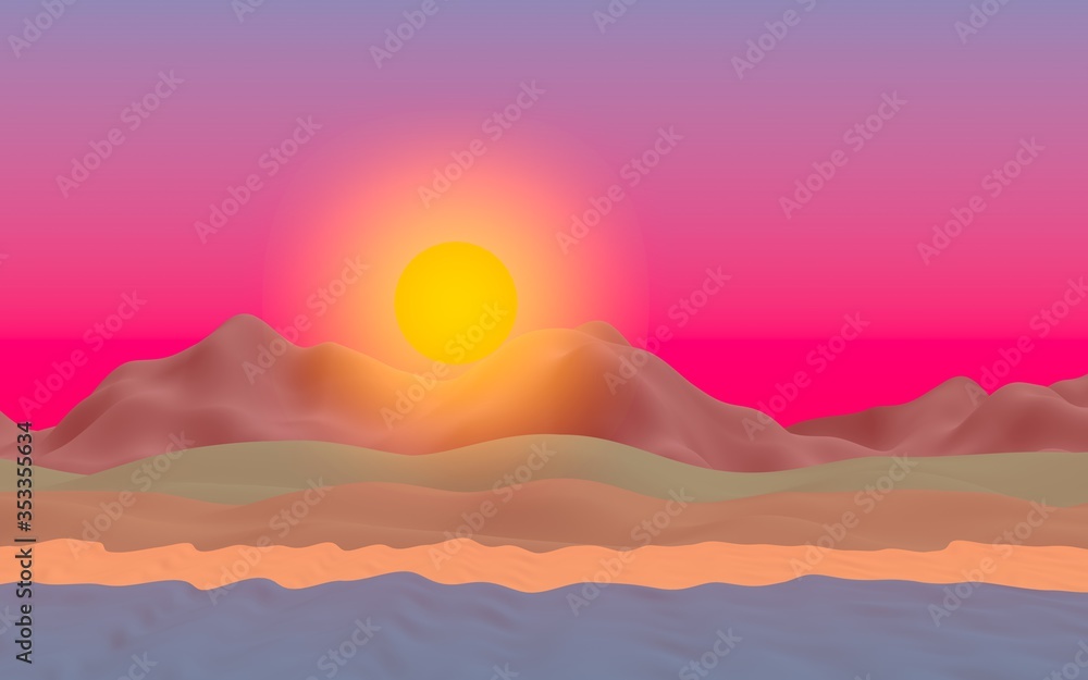 custom made wallpaper toronto digitalSun Sea Beach. Sunrise. Ocean shore line with waves on a beach. Island beach paradise with waves. Vacation, summer, relaxation. Seascape, seashore. Minimalist landscape, primitivism. 3D illustration