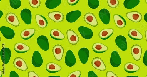 Seamless pattern with avocado hand drawn on a light green background. Loop animation 4K