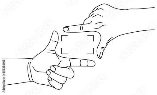 Hand viewfinder. Two hands making frame gesture for searching photo or video composition. Vector illustration in outline style isolated on white background. 