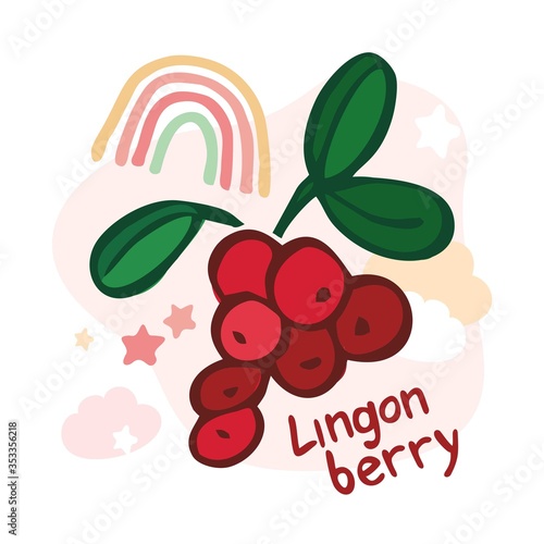 Decorative lingonberry berries on an abstract background with rainbow stars, clouds and the words sweet berries. Print on fabric, sticker. Cute cartoon character for nursery. Cute vector illustration.