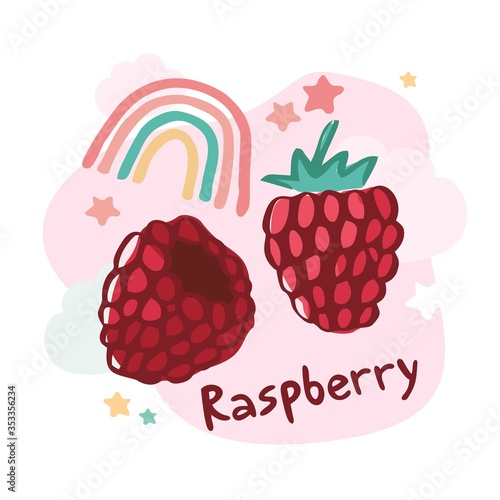 Decorative raspberry berries on an abstract background with rainbow stars, clouds and the words sweet berries. Print on fabric, sticker. Cute cartoon character for nursery. Cute vector illustration.