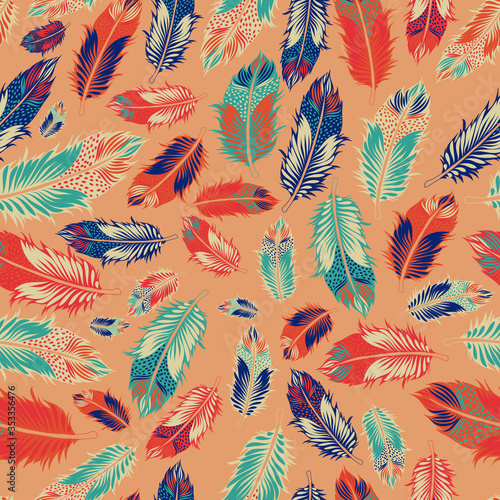 scattered feathers Pattern. Boho  Vector seamless repeat pattern. perfect on fabrics, wallpaper, home decor products, and rugs or as art prints