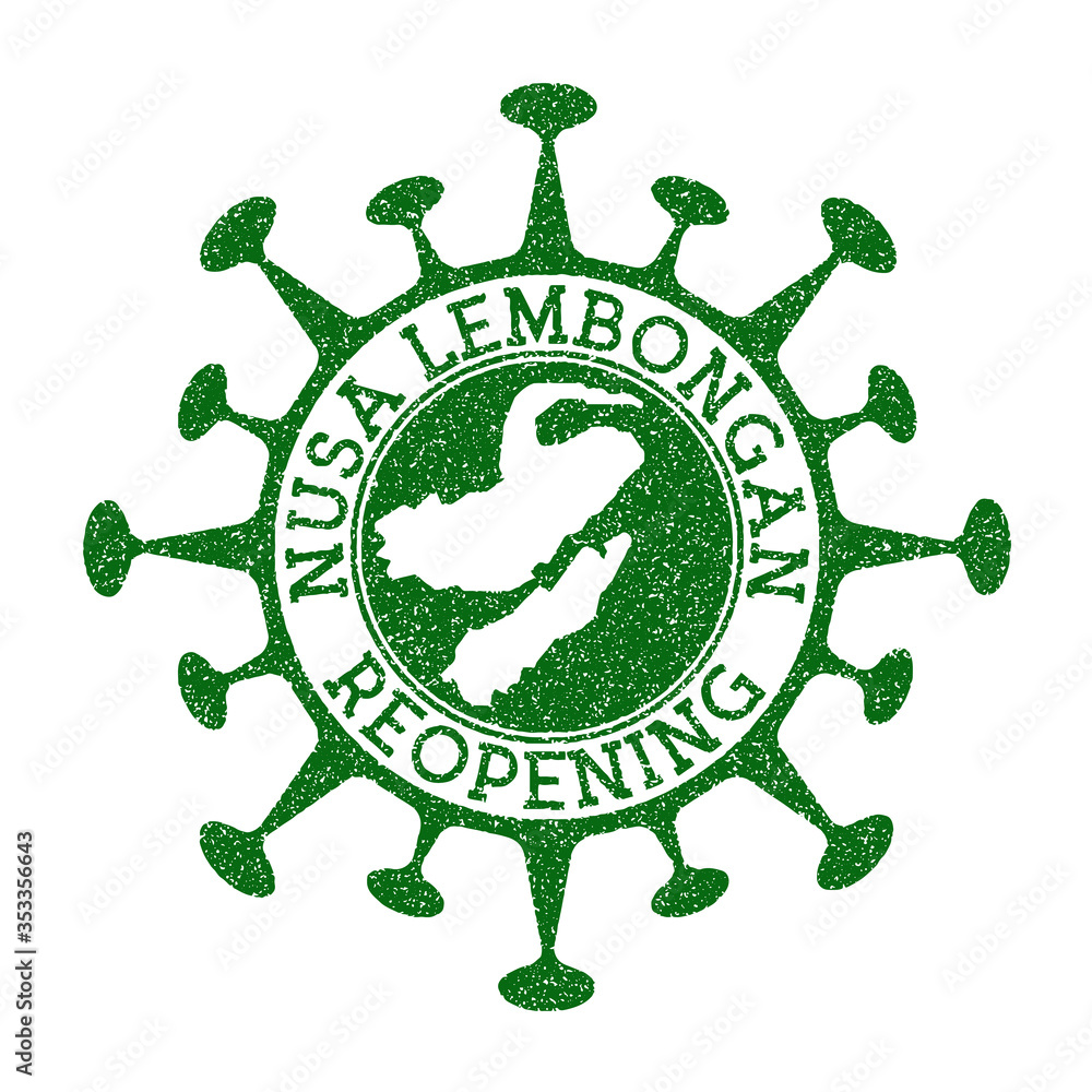 Nusa Lembongan Reopening Stamp. Green round badge of island with map of Nusa Lembongan. Island opening after lockdown. Vector illustration.