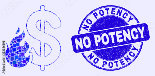 Geometric dollar fire mosaic icon and No Potency seal. Blue vector round scratched seal stamp with No Potency message. Abstract concept of dollar fire combined of round, tringle,