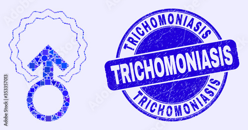 Geometric insemination mosaic icon and Trichomoniasis stamp. Blue vector round grunge seal stamp with Trichomoniasis title. Abstract mosaic of insemination combined of round, tringle,