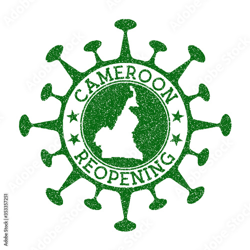 Cameroon reopening stamp. Green round badge of country with map of Cameroon. Country opening after lockdown. Vector illustration.