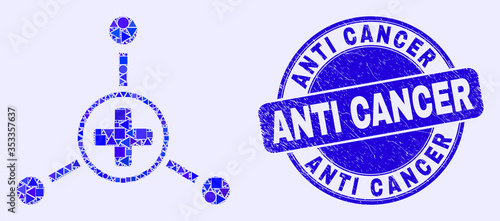 Geometric medical center links mosaic pictogram and Anti Cancer seal stamp. Blue vector round grunge seal stamp with Anti Cancer title. Abstract collage of medical center links combined of circle,