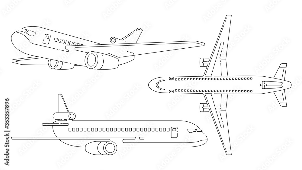 Aircraft lineart black and white vector set.