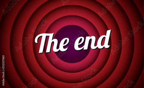 The end movie font comic poster circle. Cartoon film end poster logo background.