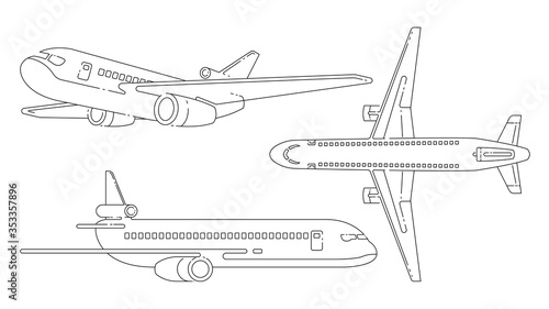 Aircraft lineart black and white vector set.
