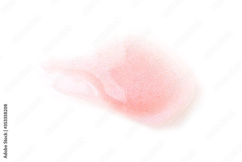 Fototapeta premium Transparent fluid lips gloss sample, isolated on white background. Smudged lipgloss with glitters