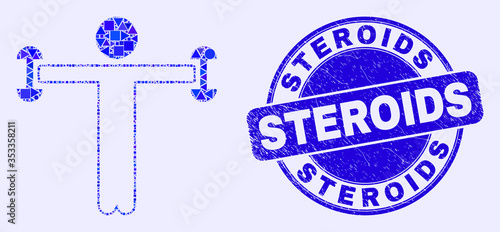 Geometric fitness person mosaic pictogram and Steroids stamp. Blue vector round distress stamp with Steroids text. Abstract composition of fitness person made of round, triangles,
