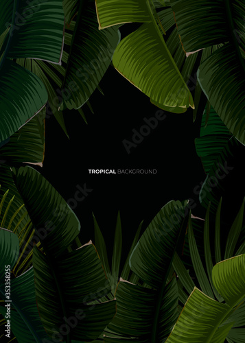 Dark tropical summer design with banana palm leaves, glowing frame and space for text. Vector flyer, banner or card template. Summer vector background.