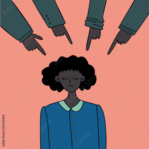 A sad or depressed black woman is pointed at. The concept of victim blaming, public censure, humiliation, humiliation, guilt. Flat color vector illustration