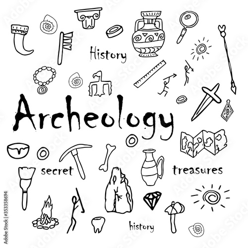 Doodle archeology, historical objects, tools, equipment with text isolated on white background stock vector illustration. Discovery, tribal civilization composition.