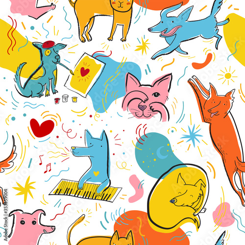 Seamless vector pattern with cute color cats and dogs in different poses and emotions