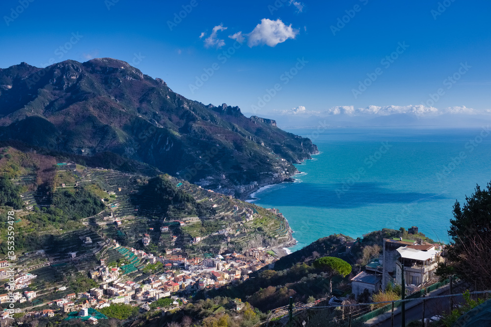 Panorama from Ravello towards the Amalfi Coast Naples Italy