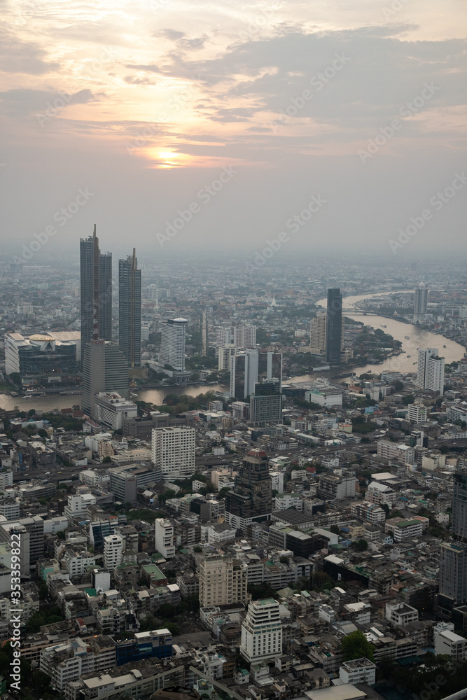  panoramic view of Chao Phraya river at sunset, Bangkok, Thailand