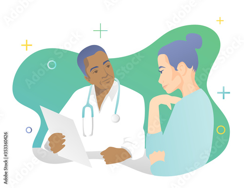 A doctor in a white coat with a stethoscope tells the patient about the results of the tests. Medical staff concept, blue-green design.