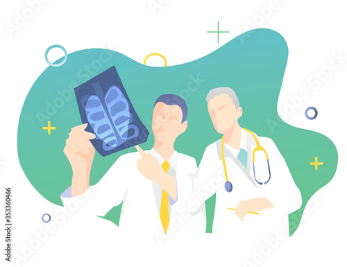 Two doctors are examining an x-ray of a lung in hospital. The concept of medical staff. Professional treatment, blue green design.