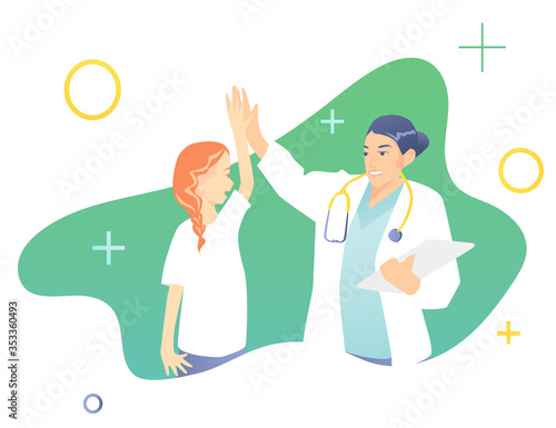 A little girl in the doctor’s office rejoices at the end of therapy. A female doctor in a white coat discharges a child from a hospital. blue-green design, concept of medical staff