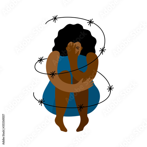 vector woman african. depression anxiety emotions. barbed wire around, making pain. Modern character illustration