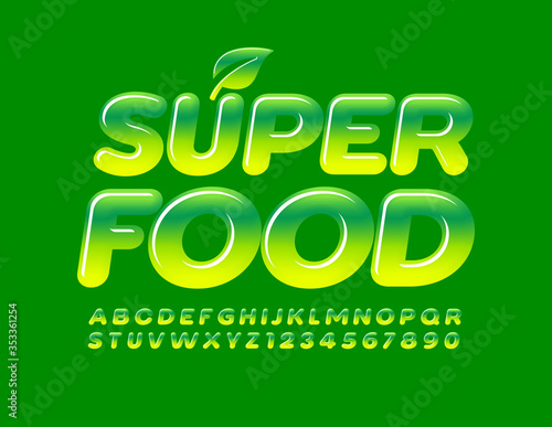 Vector banner Super Food with decorative Leaf. Glossy gradient Font. Green Alphabet Letters and Numbers