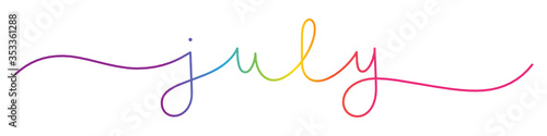 JULY rainbow gradient vector monoline calligraphy banner with swashes