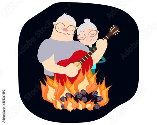 Loving grandparents are sitting by the fire. Grandfather plays the guitar. Older people listen to music. Vector illustration in cartoon style. Flat. Concept. Stock illustration.