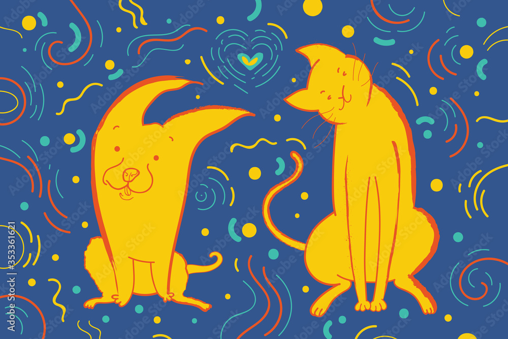 Obraz premium Vector greeting card for the party with dog and cat