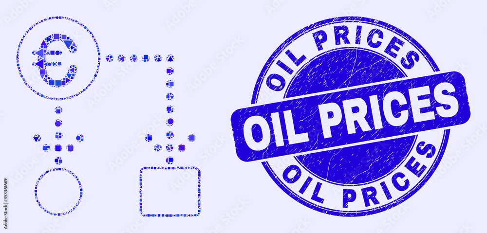 Obraz premium Geometric euro cash flow mosaic pictogram and Oil Prices seal. Blue vector round scratched seal with Oil Prices caption. Abstract mosaic of euro cash flow combined of spheric, triangles,