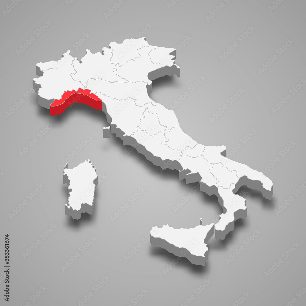 liguria region location within Italy 3d map Template for your design