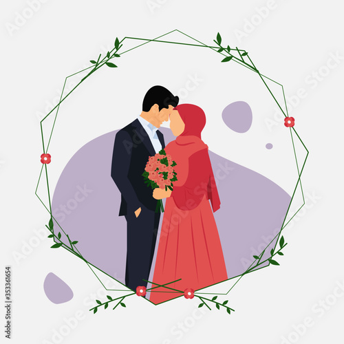 Vector illustration of a Muslim couples wedding invitation isolated on twig frame, with a Man wearing Gray Suit and Woman holding a flower in her hand wearing a Hijab and Pink dress