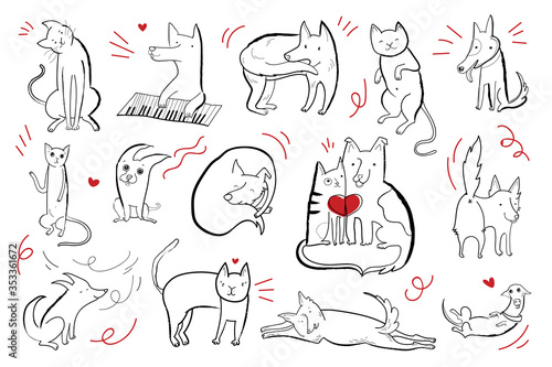 Vector illustration with set of cute characters dogs and cats