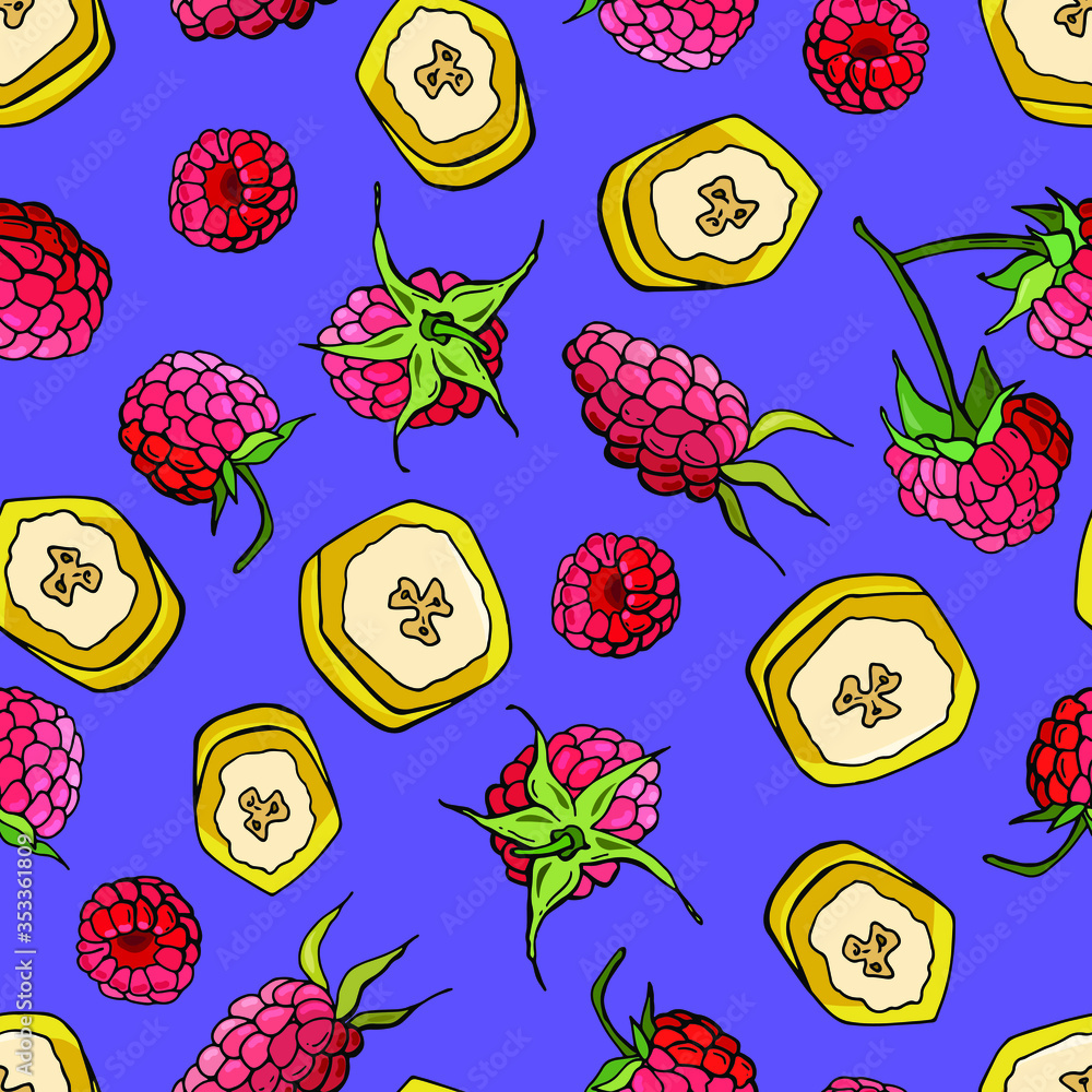 Seamless fruit pattern. Raspberries and banana slices. Cartoon style ...