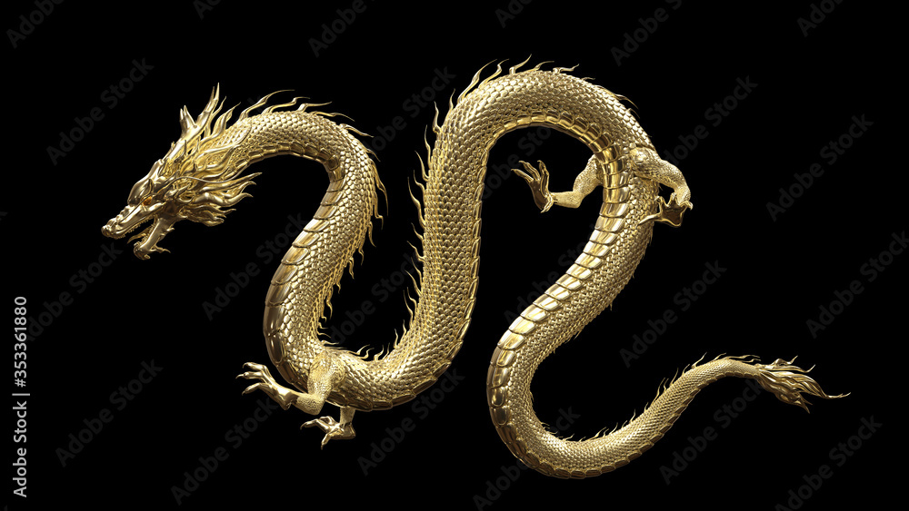 Fototapeta Full body gold dragon in bend body pose with 3d rendering include alpha path.