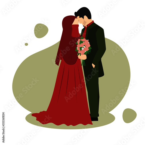Vector illustration of a Muslim couples marriage, with a Man wearing Green kurta and Woman holding a flower in her hand wearing niqab and Red dress