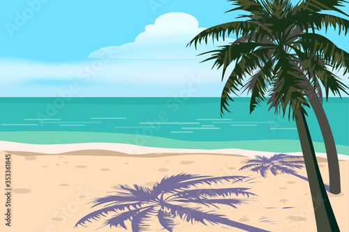 Fototapeta Naklejka Na Ścianę i Meble -  Summer Vacation Loungers On Sea Beach Landscape Beautiful Seascape Banner Seaside Holiday Vector Illustration