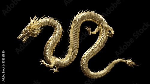 Full body gold dragon in bend body pose with 3d rendering include alpha  path. photo