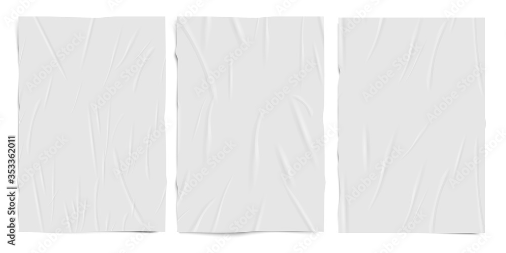 White empty badly glued paper texture, wet wrinkled effect paper sheets, vector realistic set