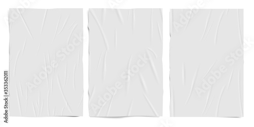 White empty badly glued paper texture, wet wrinkled effect paper sheets, vector realistic set