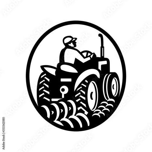 Organic Farmer Plowing Field With Vintage Tractor Oval Retro Monochrome